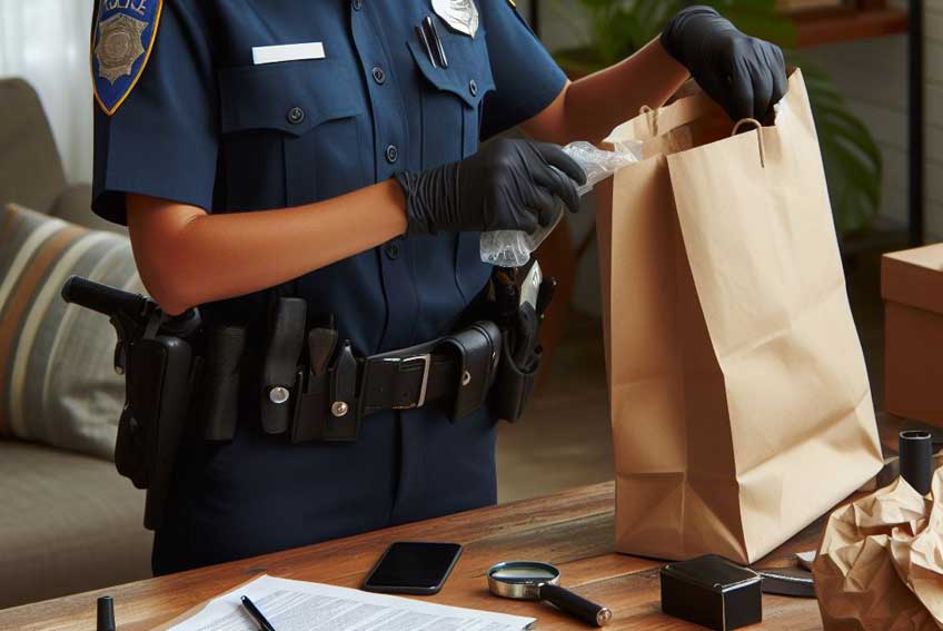 police investigator putting evidence in paper bag